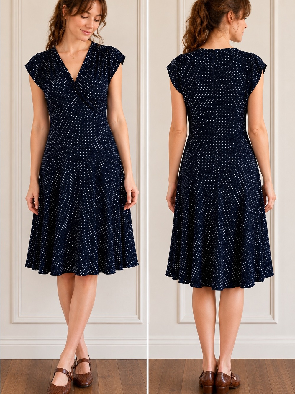 Voodoo Vixen Navy Polka Dot Wrap-Style Midi Dress
